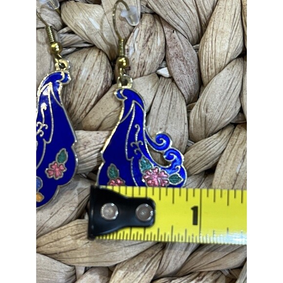 Cloisonne Blue Enamel Flower Butterfly Earrings Gold Tone Victorian Revival - Picture 8 of 9
